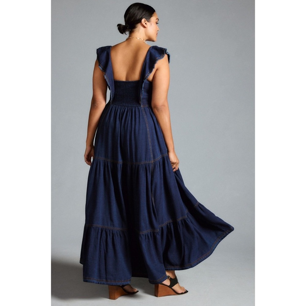 Pilcro Sweetheart Flutter Sleeve Denim Button Down Maxi Dress Small Blue Pockets - Picture 2 of 14